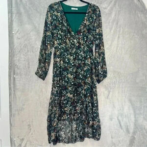 Elena Baldi Silk Blend V-neck Empire‎ Floral Hi-low Midi Dress Green women's XL
